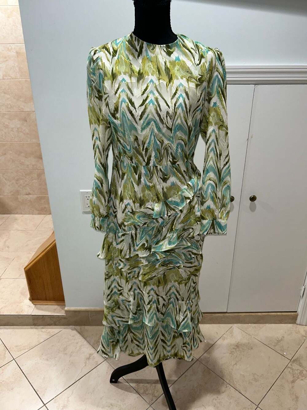 Eshet Chayil Long Sleeve Maxi Dress Size S Green Blue Abstract Print Ruffle